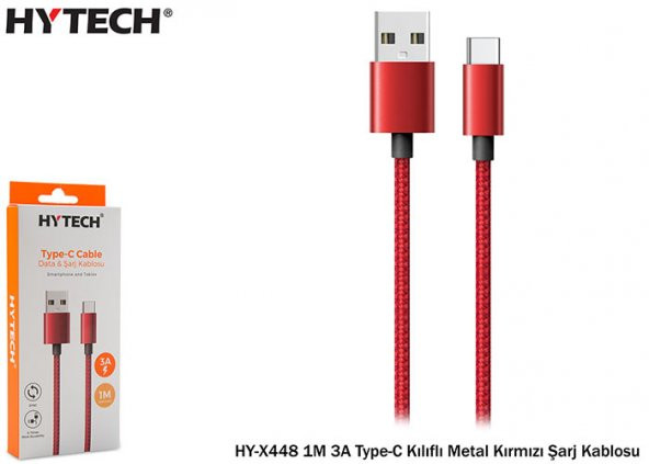 Hytech HY-X448 1m 3a Type-c Kılıflı Metal Kırmızı Şarj Kablosu