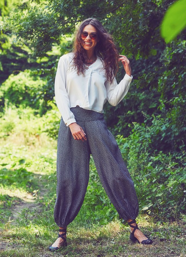 Dökümlü Beli Lastikli Tribal Desen Kadın Şalvar Pantolon - 3