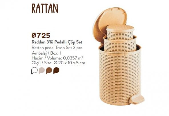 Violet Rattan 3lü Pedallı Çöp Kovası Seti - 6 Lt 12 Lt 20 Lt