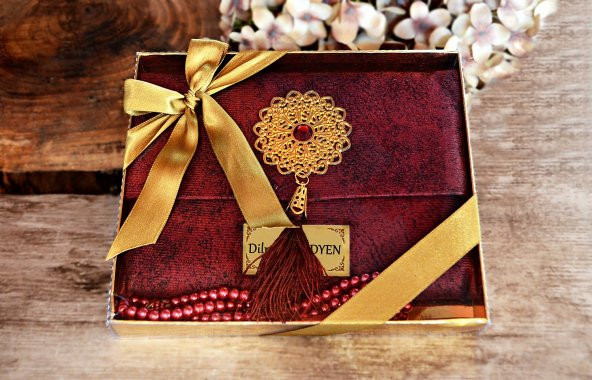 Kişiye Özel Asetat Kutulu Lüks Nubuk Yasin-i Şerif ve İnci Tesbih Seti Bordo - 2