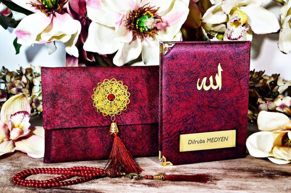 Kişiye Özel Asetat Kutulu Lüks Nubuk Yasin-i Şerif ve İnci Tesbih Seti Bordo - 3