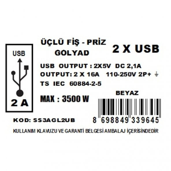 Smart Socket Üçlü Fiş Priz 2xUSB Golyad Beyaz - 2