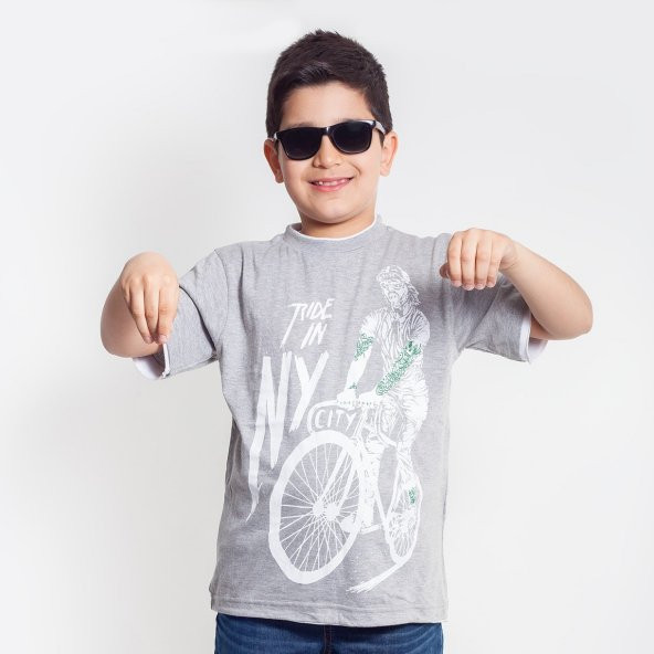 Bani Kids Erkek Gri Bisikletçi Kısa Kollu T-Shirt BNT-34486