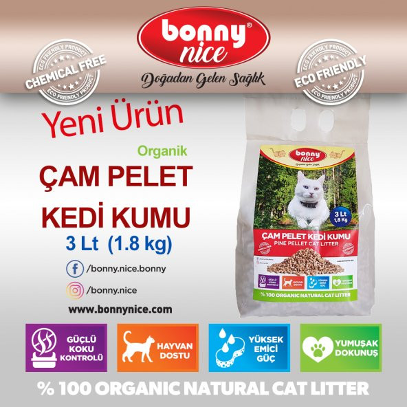 Bonny Nice Doğal Kedi Kumu Çam Pellet 2 kg 4 l x 3 Paket - 3