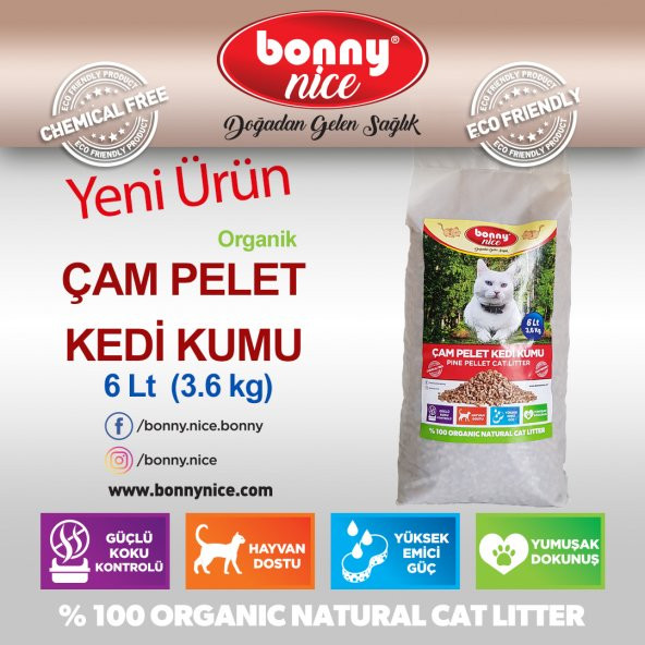 Bonny Nice Doğal Kedi Kumu Çam Pellet 3.6 kg 7 l x 2 Paket - 3