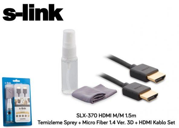 KABLO S-LINK SLX-370 HDMI 1.5M TEMİZLEME SPREY + MİCRO PİBER BEZ 3D+HDMI KABLO SET