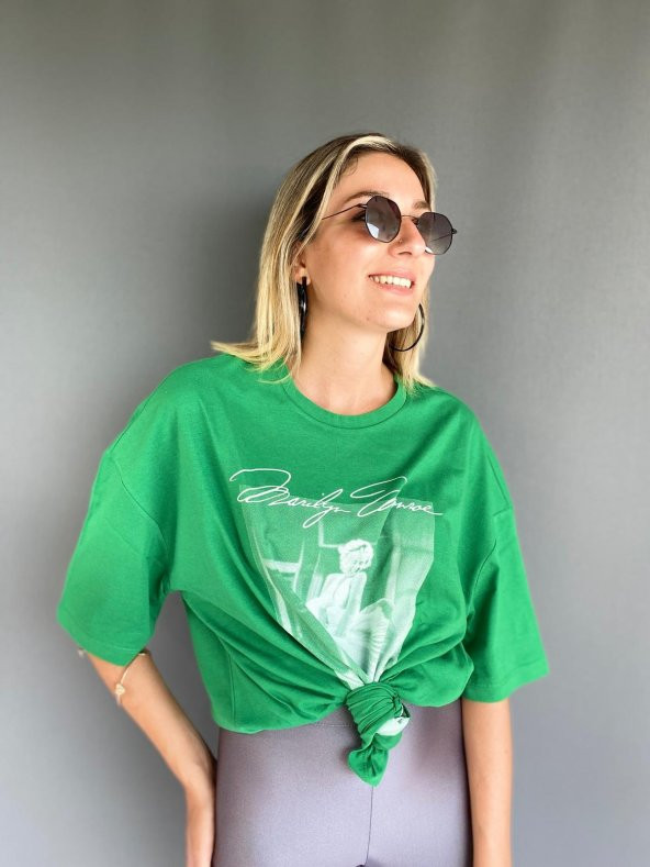 Kadın Oversize Marilyn Monroe Baskılı Yeşil Tshirt