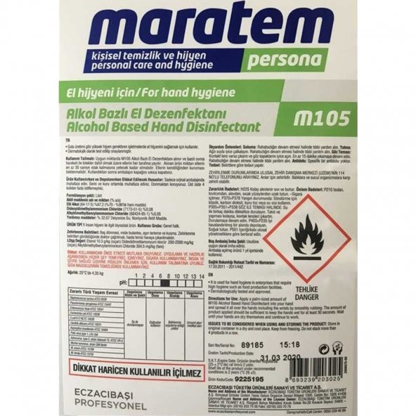 Eczacıbaşı Maratem M105 Alkol Bazlı El Dezenfektanı - 250 mL - 5