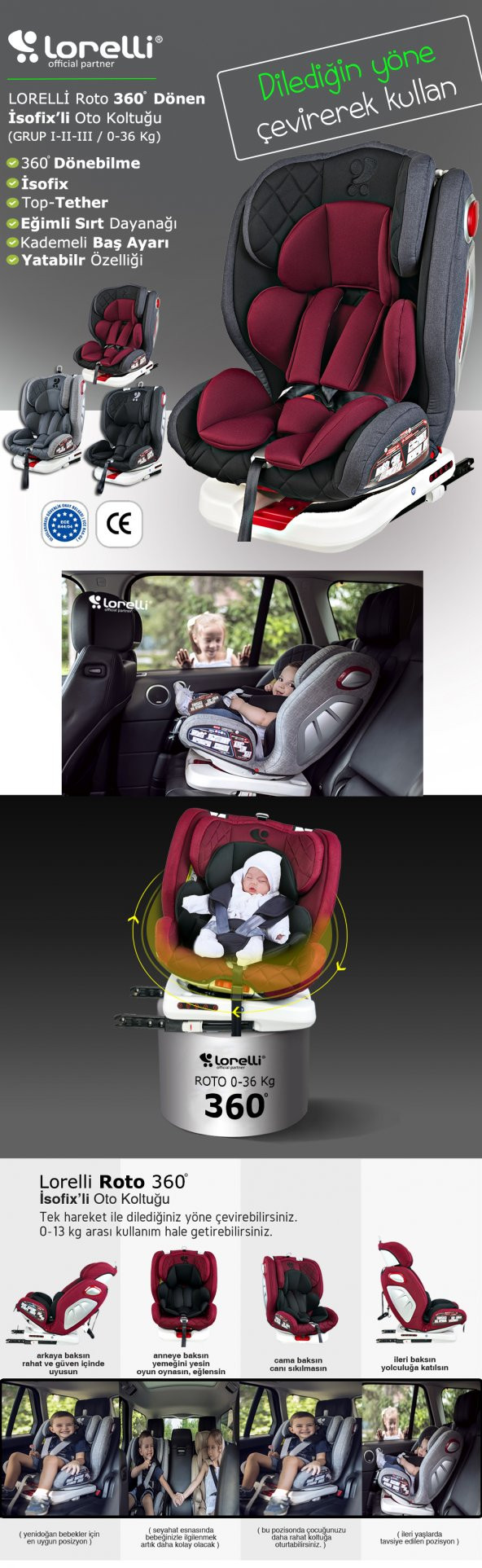 Lorelli Roto 360' Dönebilen İsofix'li 0-36 Kg 9 Ay-12 Yaş Bebek Çocuk Oto Koltuğu - 5