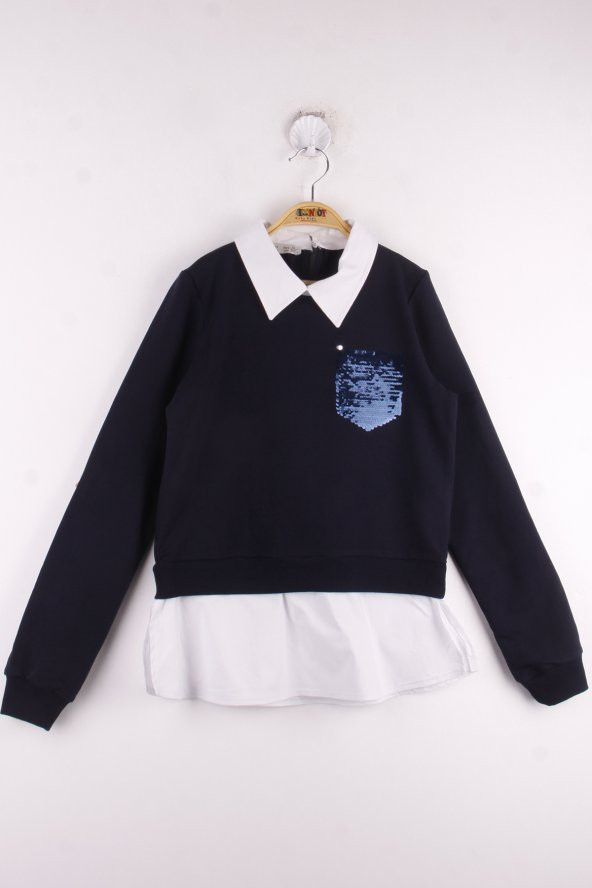 Toontoy Kız Çocuk Gömlek Yaka Pul İşlemeli Okul Sweatshirt