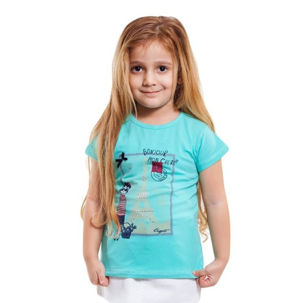 Cigit Kids Kız Eiffel Kulesi Su Yeşili Kısa Kollu T-shirt 1-2 Yaş CGT-2098