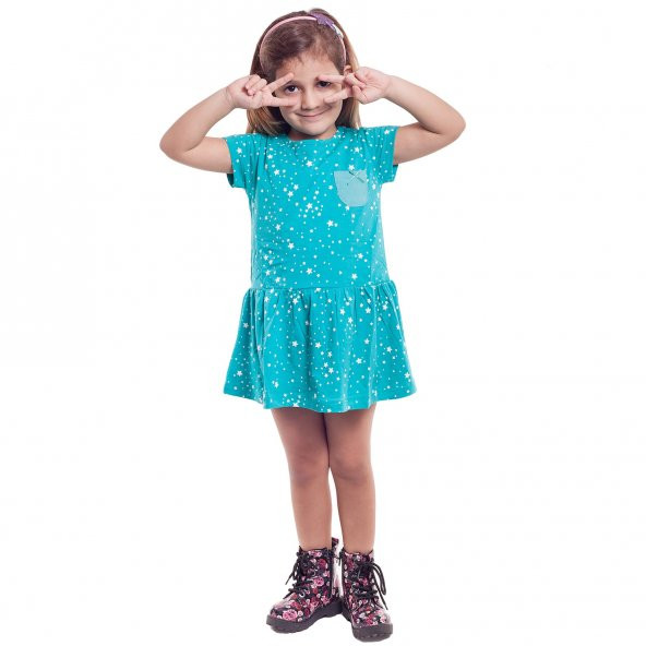 Cigit Kids Kız Yeşil Kısa Kollu Yıldızlı Elbise 1-2 Yaş CGT-8115