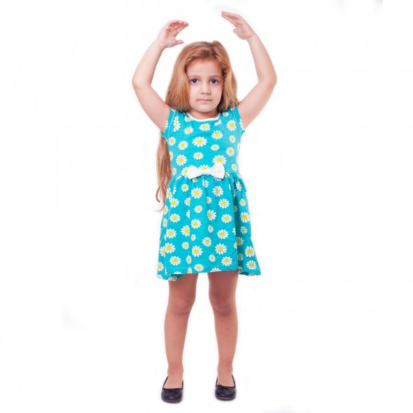 Dalmaz Kız Çocuk Çiçekli Yeşil Kısa Kollu Fiyonklu Elbise 1-2 Yaş DLM-2506