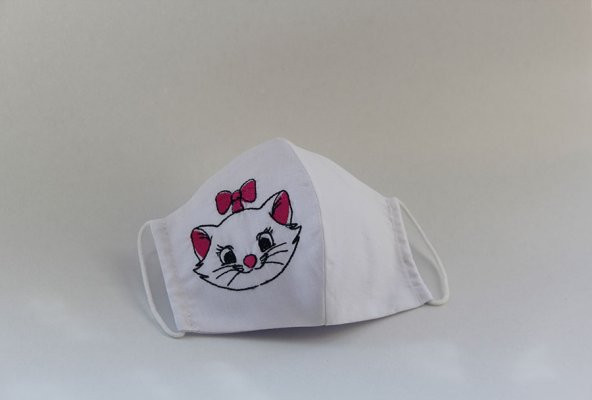 Kedi İşlemeli %100 Pamuklu Kumaştan Yıkanabilir Telli Astarlı Yüz Maskesi