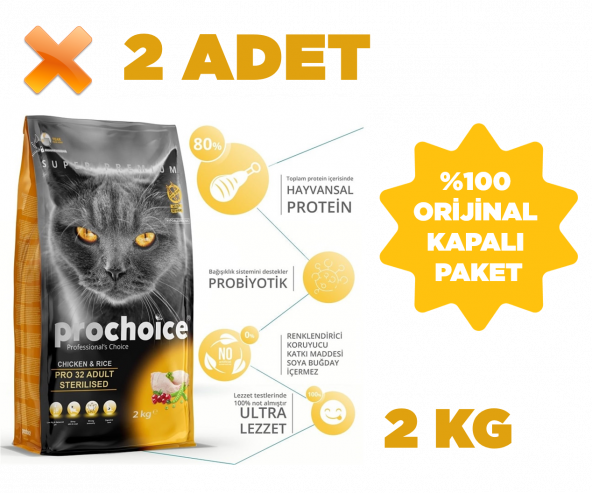 ProChoice 2 ADET Pro 32 Sterilised Tavuklu Pirinçli Kısırlaştırılmış Kedi Maması 2 KG