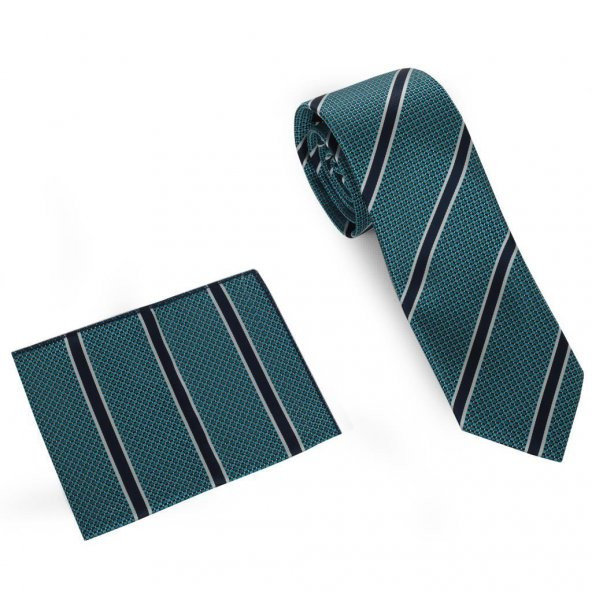Brianze Lacivert Çizgili Turkuaz Mendilli Kravat - Resim 2