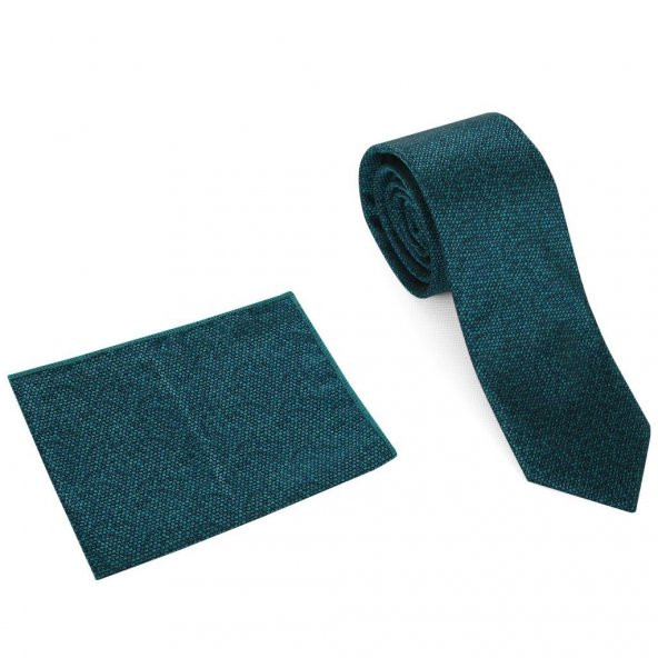 Brianze Armürlü Desen Turkuaz Mendilli Kravat - Resim 2