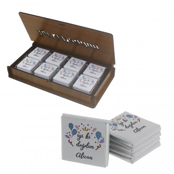 Ahşap Kutuda 24 Adet Çikolata İsme Özel İyi ki Doğdun Doğumgünü
