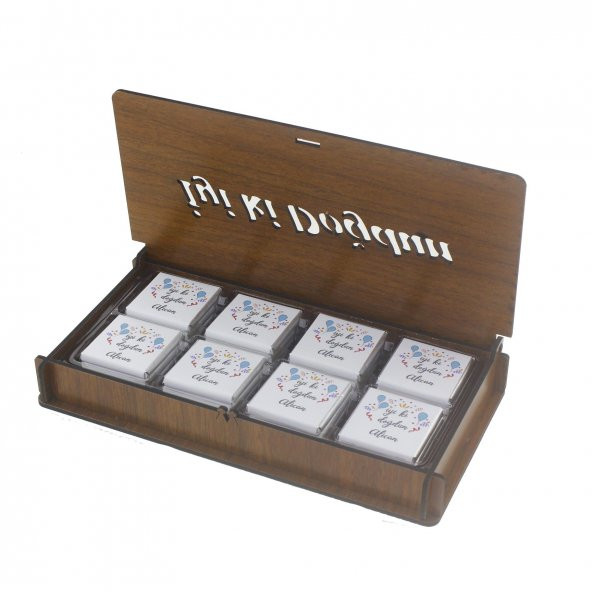 Ahşap Kutuda 24 Adet Çikolata İsme Özel İyi ki Doğdun Doğumgünü - 9