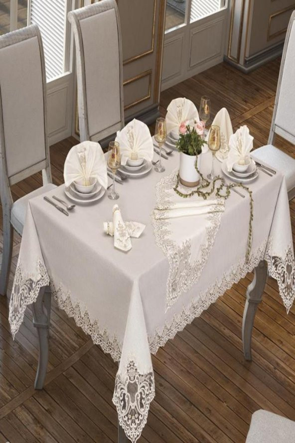 Sümbül Masa Örtüsü 160x260 Cm 26 Parça Krem - Resim 5