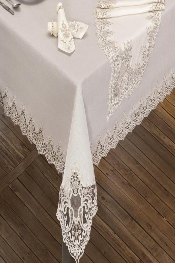 Sümbül Masa Örtüsü 160x260 Cm 26 Parça Krem - Resim 7