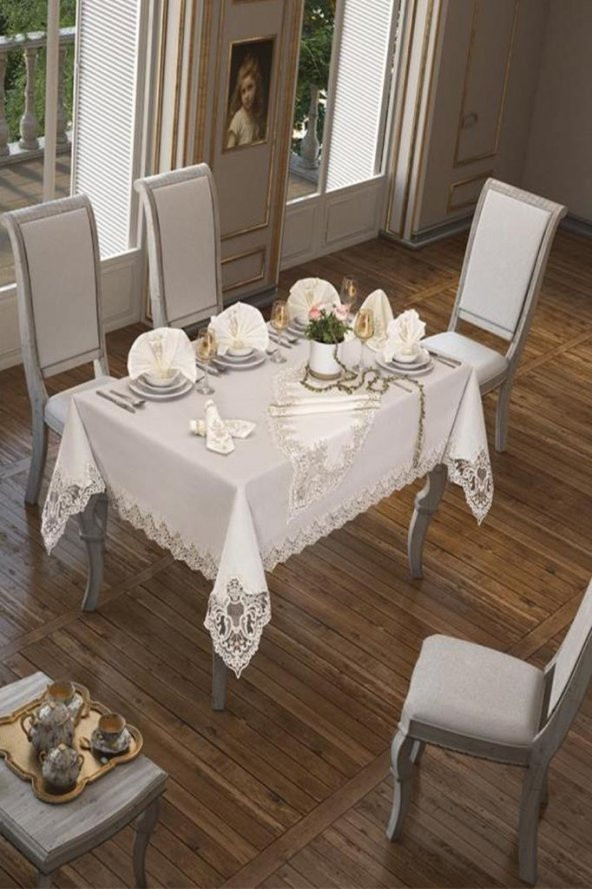 Sümbül Masa Örtüsü 160x260 Cm 26 Parça Krem - Resim 8