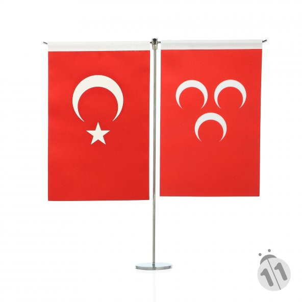 Türk Bayrağı ve Kırmızı Üç Hilal İkili Masa Bayrak Takımı (Dikey)
