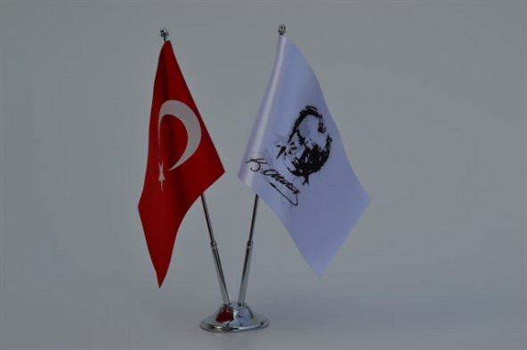Türk Bayrağı ve Atatürk İmza İkili Masa Bayrak Takımı - Resim 4