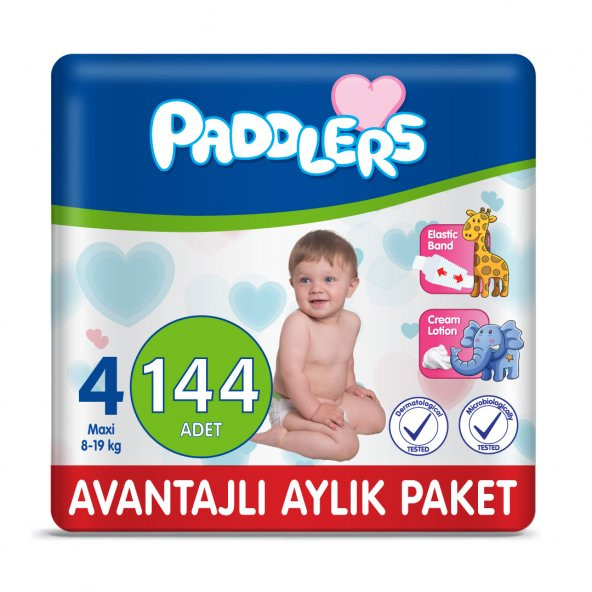 Paddlers Bebek Bezi 4 Numara Maxi 144 Adet (8-19 Kg) Aylık Paket