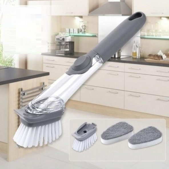 3 Başlıklı Deterjan Hazneli Bulaşık Fırçası Lavabo Fırçası