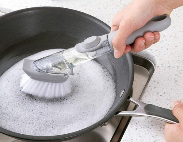 3 Başlıklı Deterjan Hazneli Bulaşık Fırçası Lavabo Fırçası - Resim 4