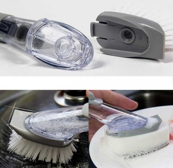 3 Başlıklı Deterjan Hazneli Bulaşık Fırçası Lavabo Fırçası - Resim 5
