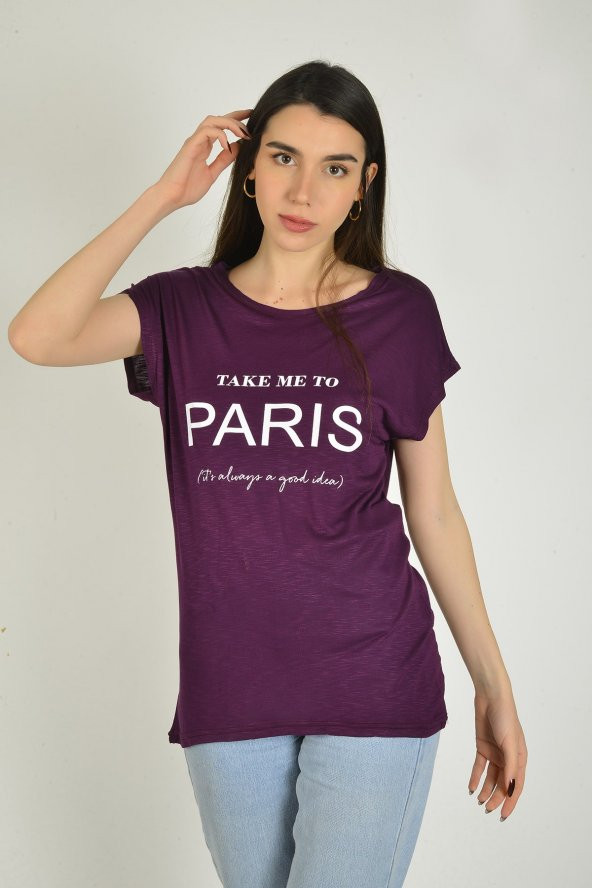 Kadın Mor Yazılı Baskılı T-shirt