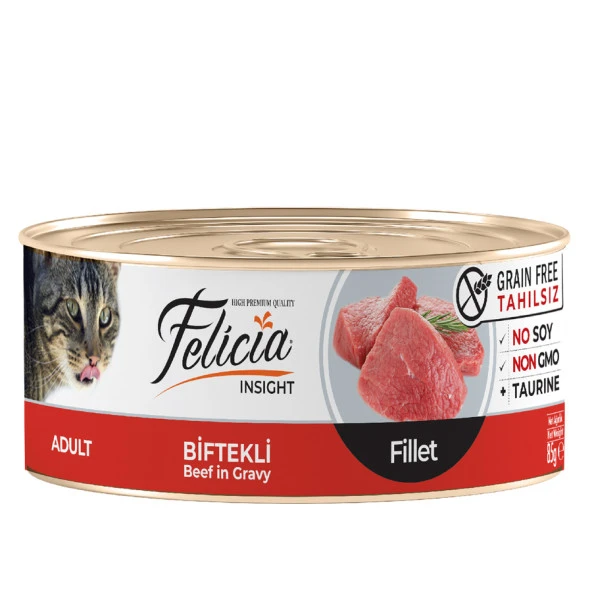 Felicia Tahılsız 85 gr Konserve Biftekli Fileto Yaş Kedi Maması 24 Adet