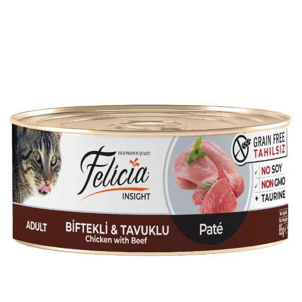 Felicia Tahılsız 85 gr Konserve Biftekli-Tavuklu Kıyılmış Yaş Kedi Maması 24 Adet