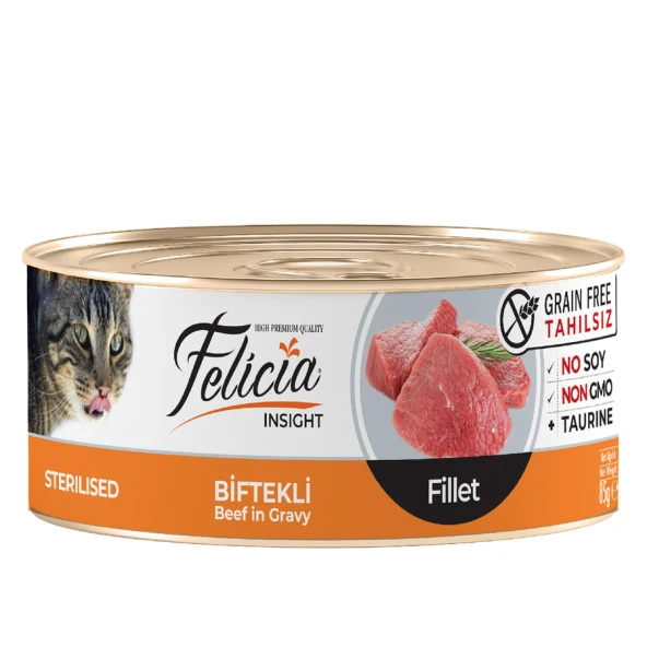 Felicia Tahılsız 85 gr Konserve Sterilised-Biftekli Fileto Yaş Kedi Maması 24 Adet