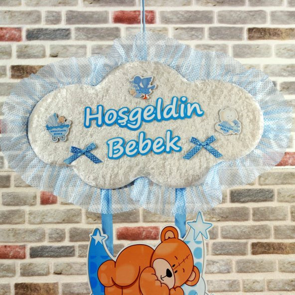 Yenidoğan Erkek Bebek Ayıcık Figürlü Bulutlu Kapı Süsü - 5