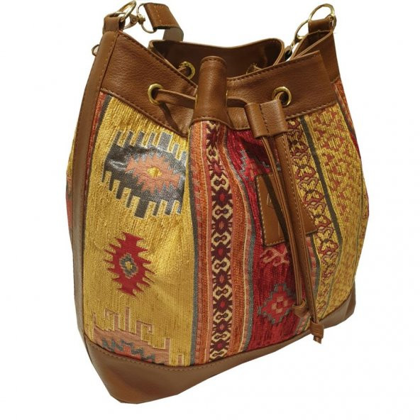 Sarı Kilim Desenli Torba Model Bayan El ve Omuz Çantası - 2