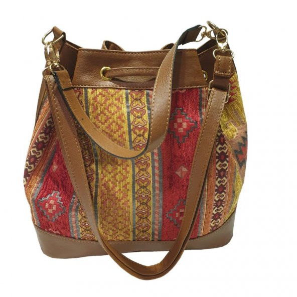 Sarı Kilim Desenli Torba Model Bayan El ve Omuz Çantası - 4