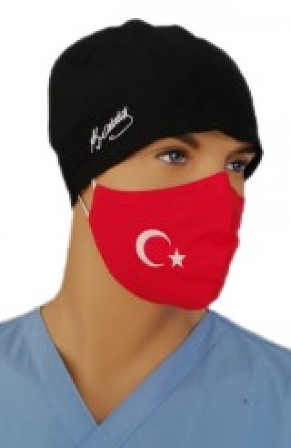 Emel Üniforma Kemal Atatürk İmzalı Terikoton Siyah ve Ay Yıldızlı Kırmızı Maske Bone
