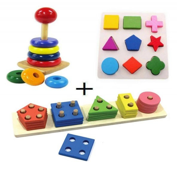 Ahşap Zeka Eğitici Oyuncak Geometrik Geçmeli Şekiller + Ahşap Tahta Bultak + Ahşap Kule Oyunu