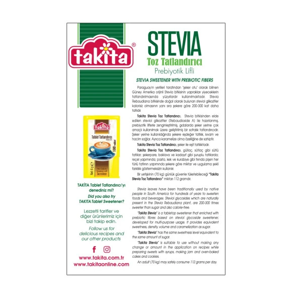 Takita Stevia Prebiyotik Lifli Toz Tatlandırıcı 500g - Resim 2