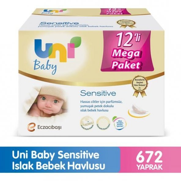 Uni Baby Sensitive Islak Havlu 12'li Ekonomik Fırsat Paketi 12x56 (672 Yaprak)