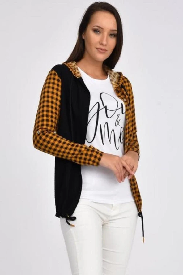 Kolları Katlanabilir Penyeli ve Yandan Cepli Kapüşonlu Hardal Kadın Gömlek - 2