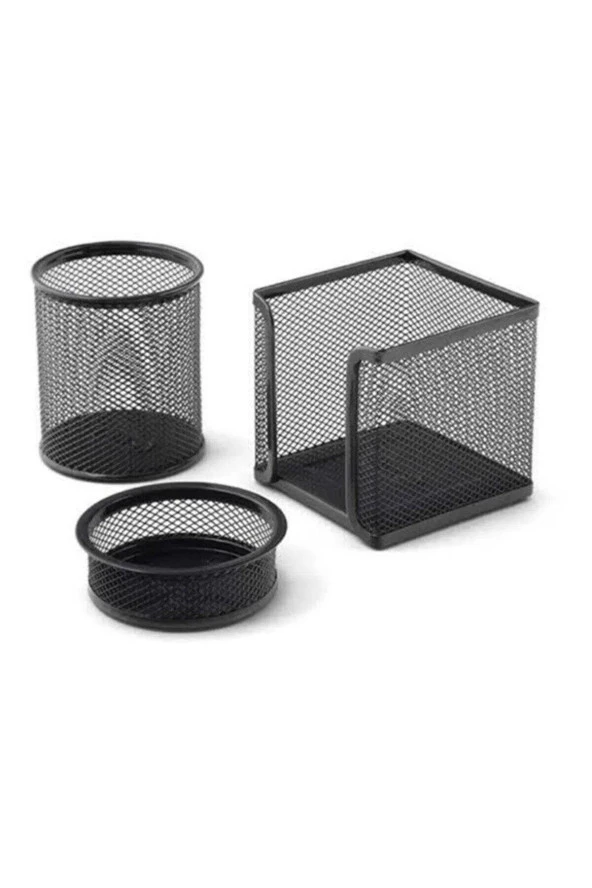 Mas Masa Seti Ataşlık-Kağıtlık-Kalemlik 3 Lü Metal Perforeli Siyah Masa Seti ürün görseli