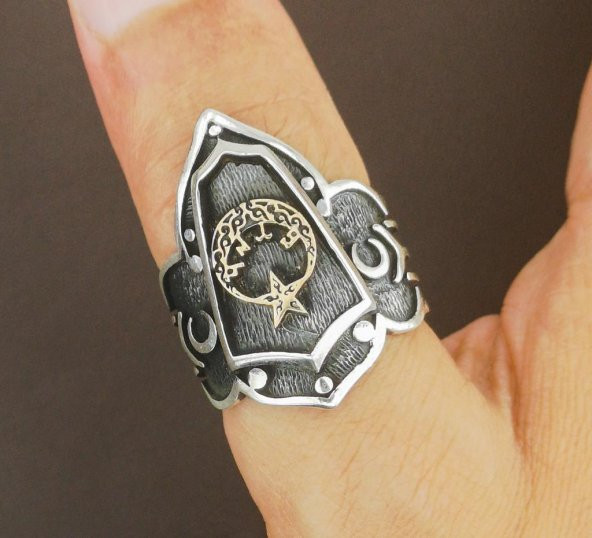 925 Ayar Gümüş Ay Yıldız Başparmak Zihgir Yüzüğü - Resim 5