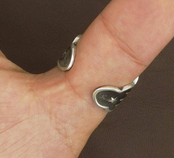 925 Ayar Gümüş Ay Yıldız Başparmak Zihgir Yüzüğü - Resim 6