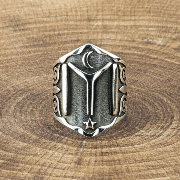 Ay Yıldız Kayı Boyu Zihgir Gümüş Yüzük - Resim 4