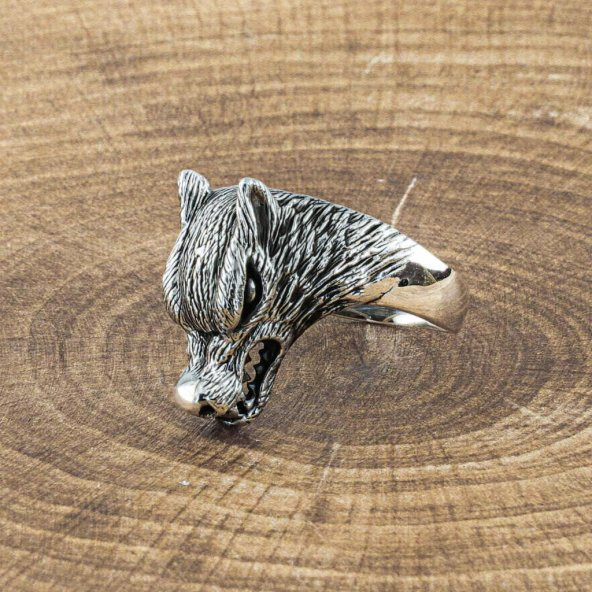 925 Ayar Gümüş Kurt Kafası Motifli Yüzük ürün görseli 1