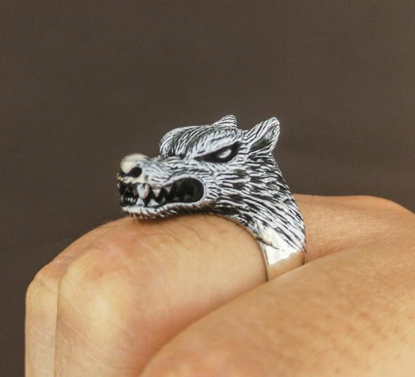925 Ayar Gümüş Kurt Kafası Motifli Yüzük - Resim 5